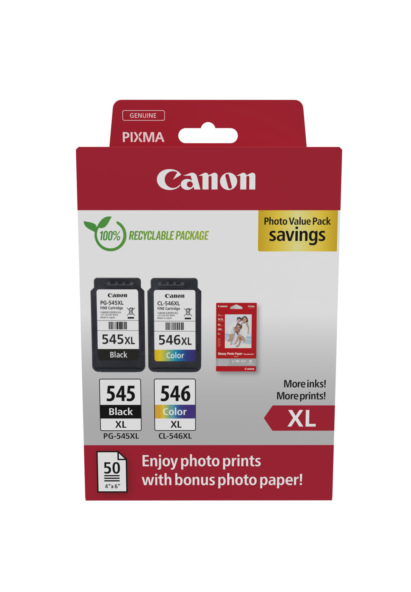Canon PG-545 XL + CL-546 XL schwarz, color Druckköpfe + Fotopapier, 2er-Set
