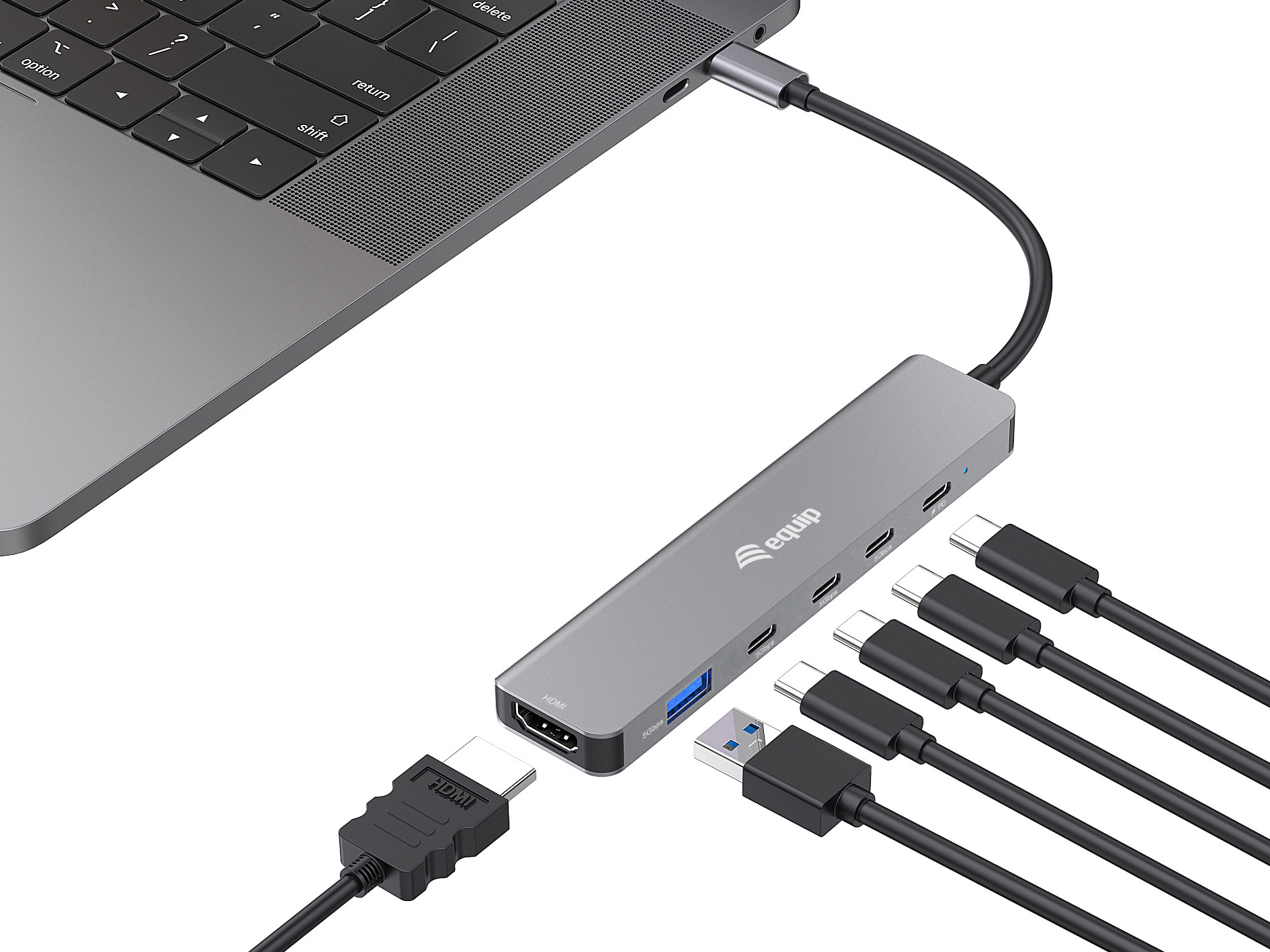 Equip Adapter USB-C->HDMI/3xUSB-C/USB-A 4K/ 60Hz 0.25m Alu.