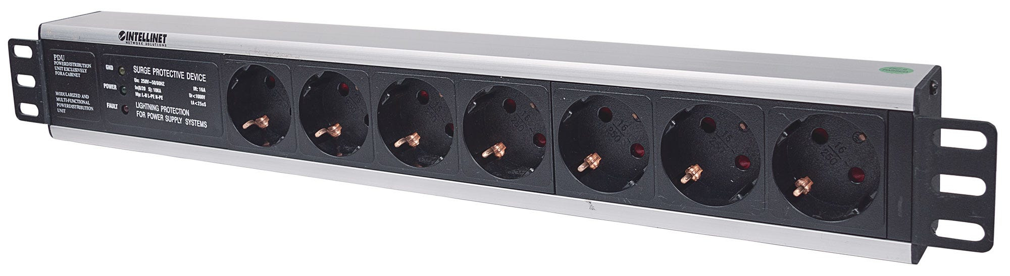 INTELLINET 48,3cm 19Zoll Steckdosenleiste 7-fach SCHUKO mit Ueberspannungsschutz 3m Stromkabel 1,5 HE