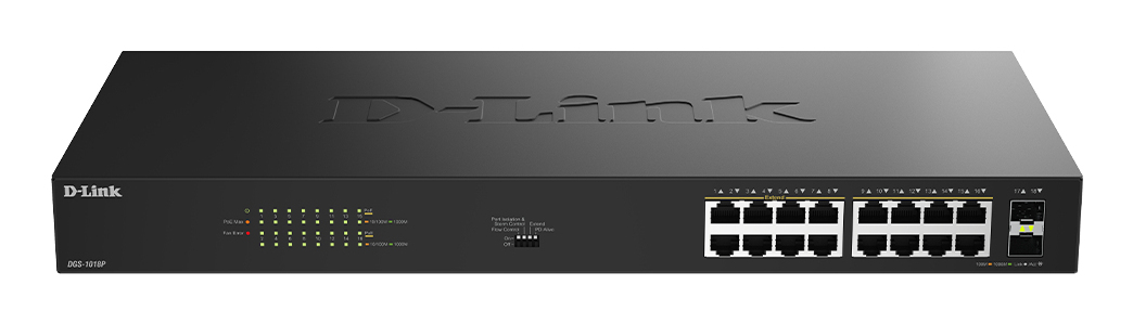D-LINK DGS-1018P 18-Port Gigabit PoE+ unmanaged Switch 16x Gbit PoE 2x Gbit SFP uplink Port PoE Budget 240W