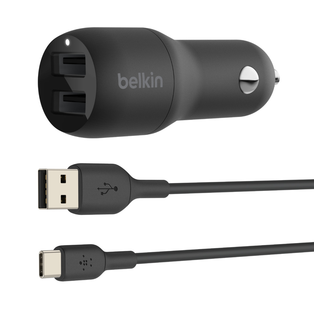 DUAL USB-A CHARGER CAR W/USB-C CABLE 1M 24W BLACK