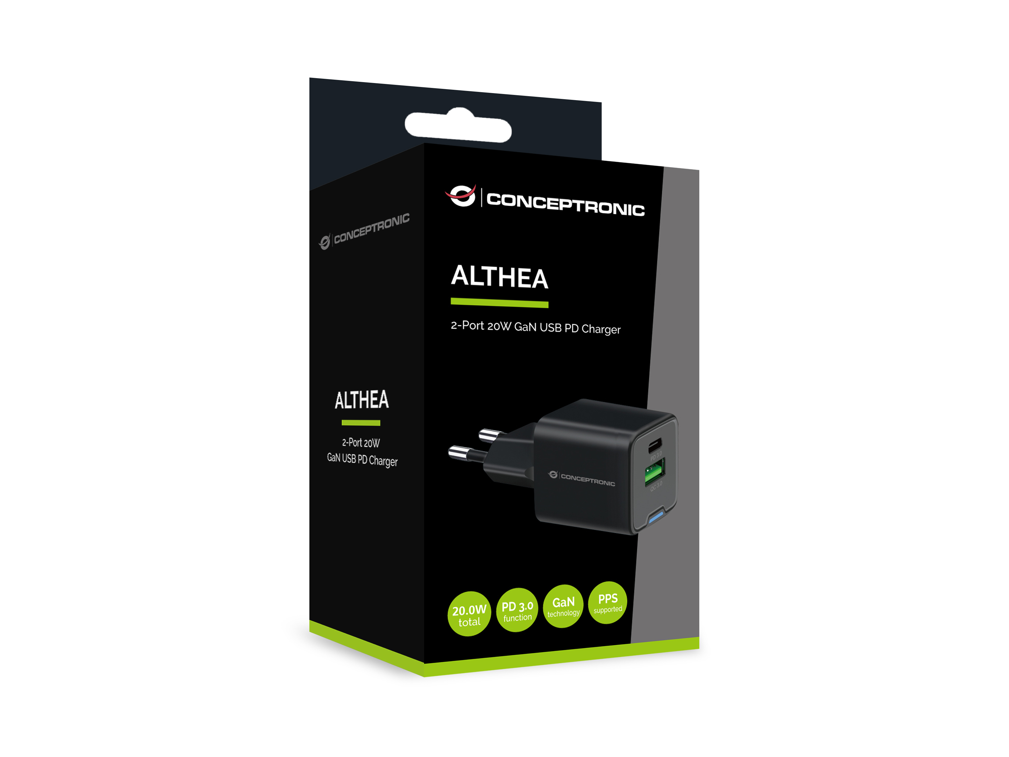 CONCEPTRONIC Ladegerät 2Port GaN USB-C/-A 20WPD3.0/PPS sw