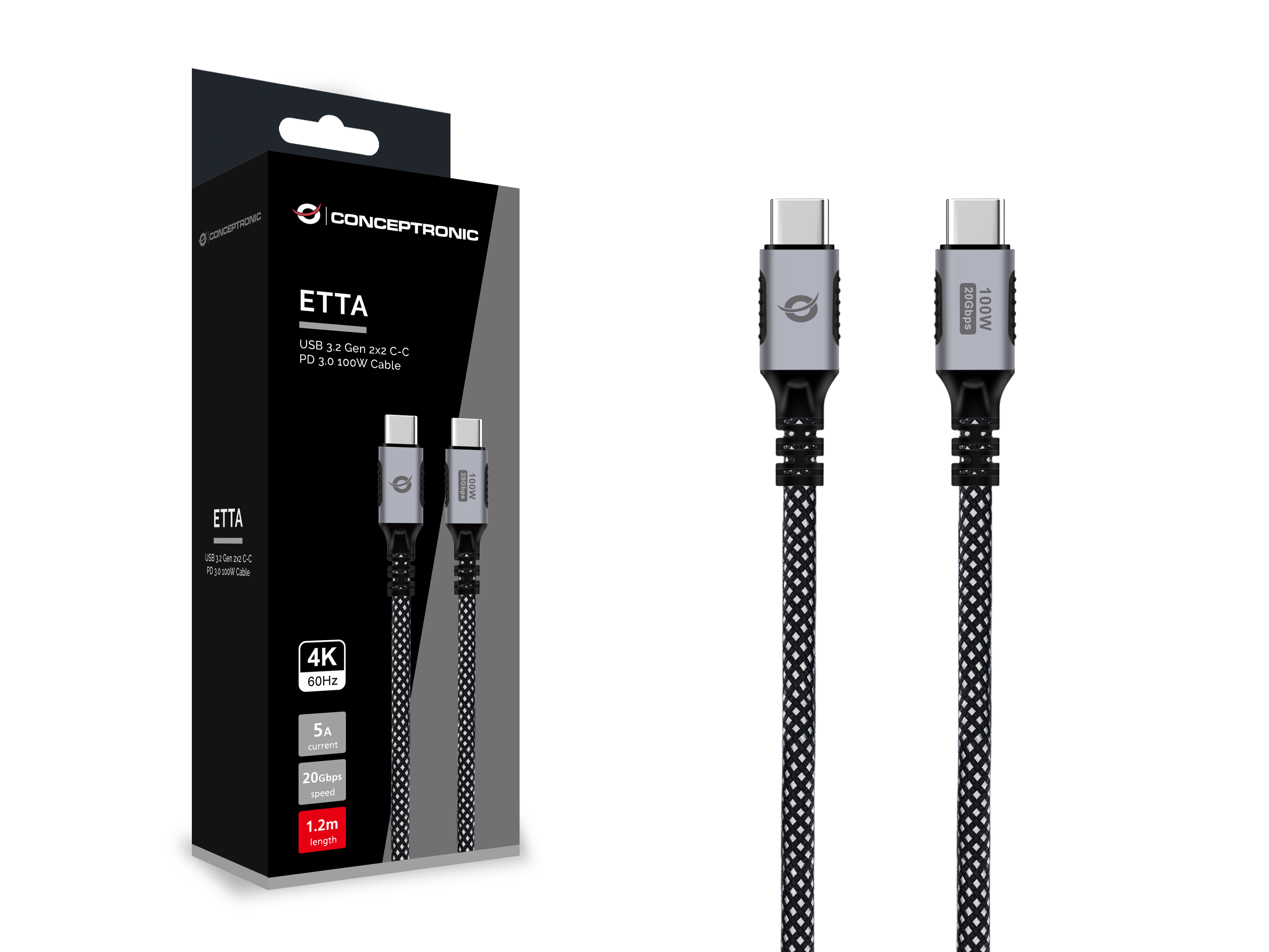 CONCEPTRONIC Kabel USB-C3.2->C 100W/PD3.0 20Gbs 1.20m sw
