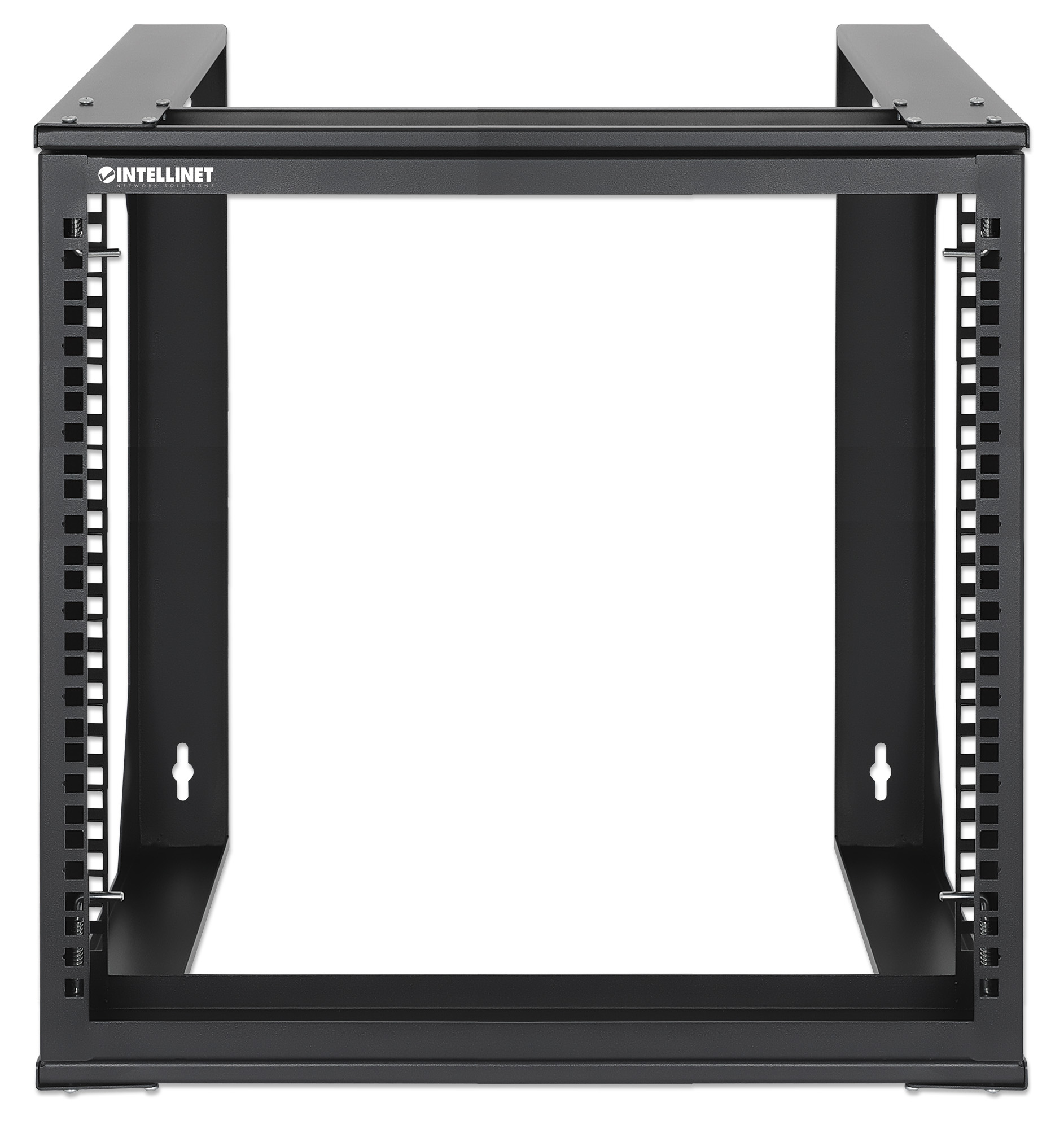 INTELLINET 48,3cm 19Z Laborgestell zur Wandmontage 2 Tragschienen 9 HE Offener Schwenkrahmen 450 mm Tiefe Flatpack schwarz RAL 9004