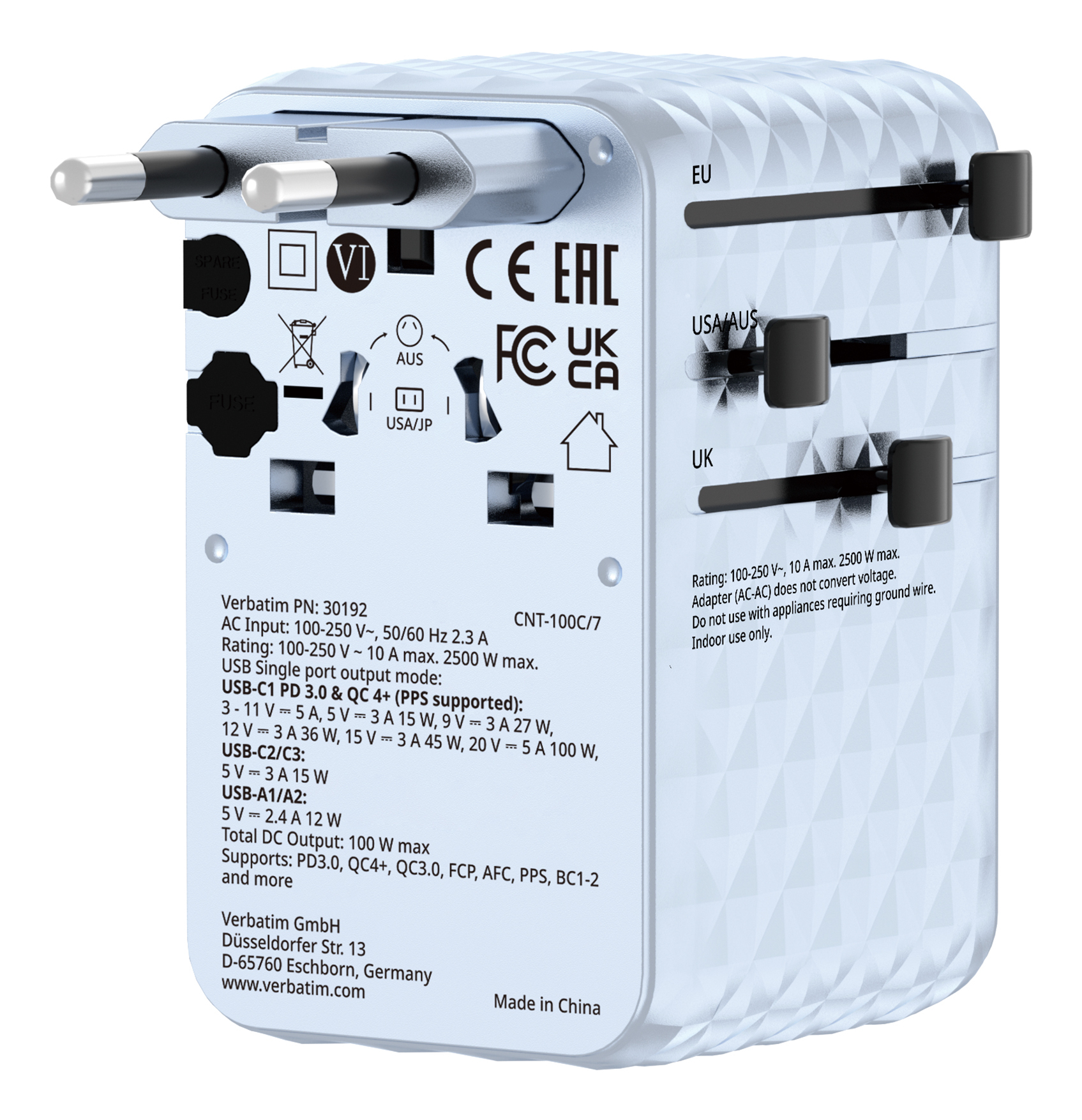 Verbatim Charge'n'Travel Adapter 100W 1C retractable blue