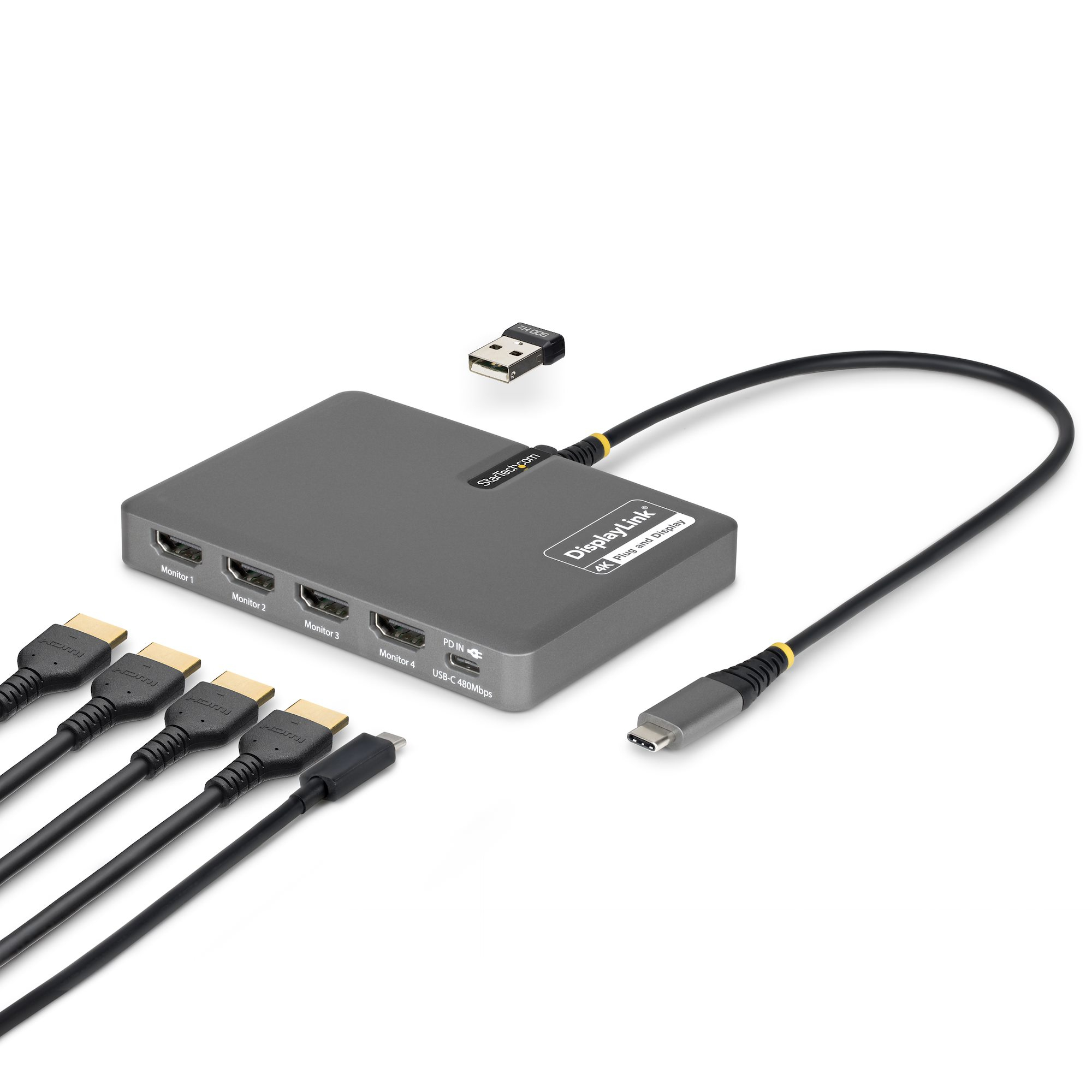 STARTECH.COM USB-C zu 4-Monitor Workstation Adapter 4K 60Hz HDMI 140W PD Passthrough USB fur Tastatur und Maus TAA