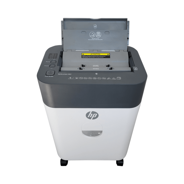 HP OneShred Auto 100CC Aktenvernichter mit Partikelschnitt P-4, 4,3 x 12 mm, bis 100 Blatt, weiß