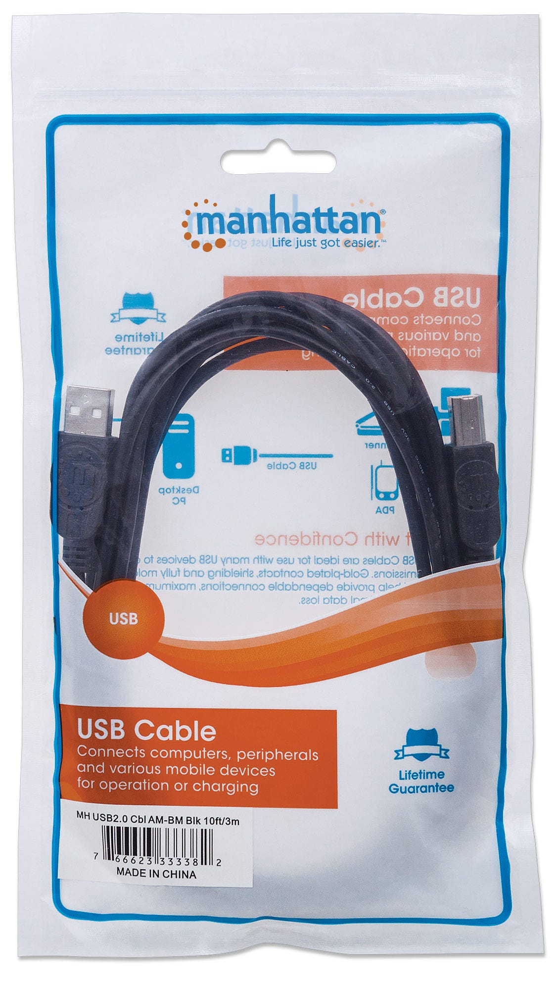 MANHATTAN USB Kabel A -> B St/St 3.00m schwarz