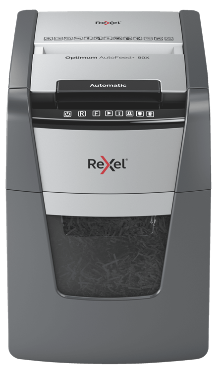 Rexel Optimum AutoFeed+ 90X Aktenvernichter mit Partikelschnitt P-4, 4 x 28 mm, bis 90 Blatt, schwarz