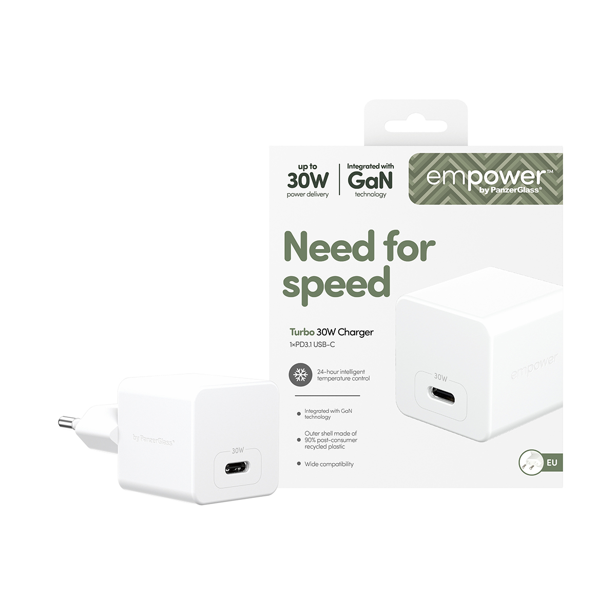 TURBO 30W CHARGER SINGLE USB-C EU PLUG SILVER WHITE