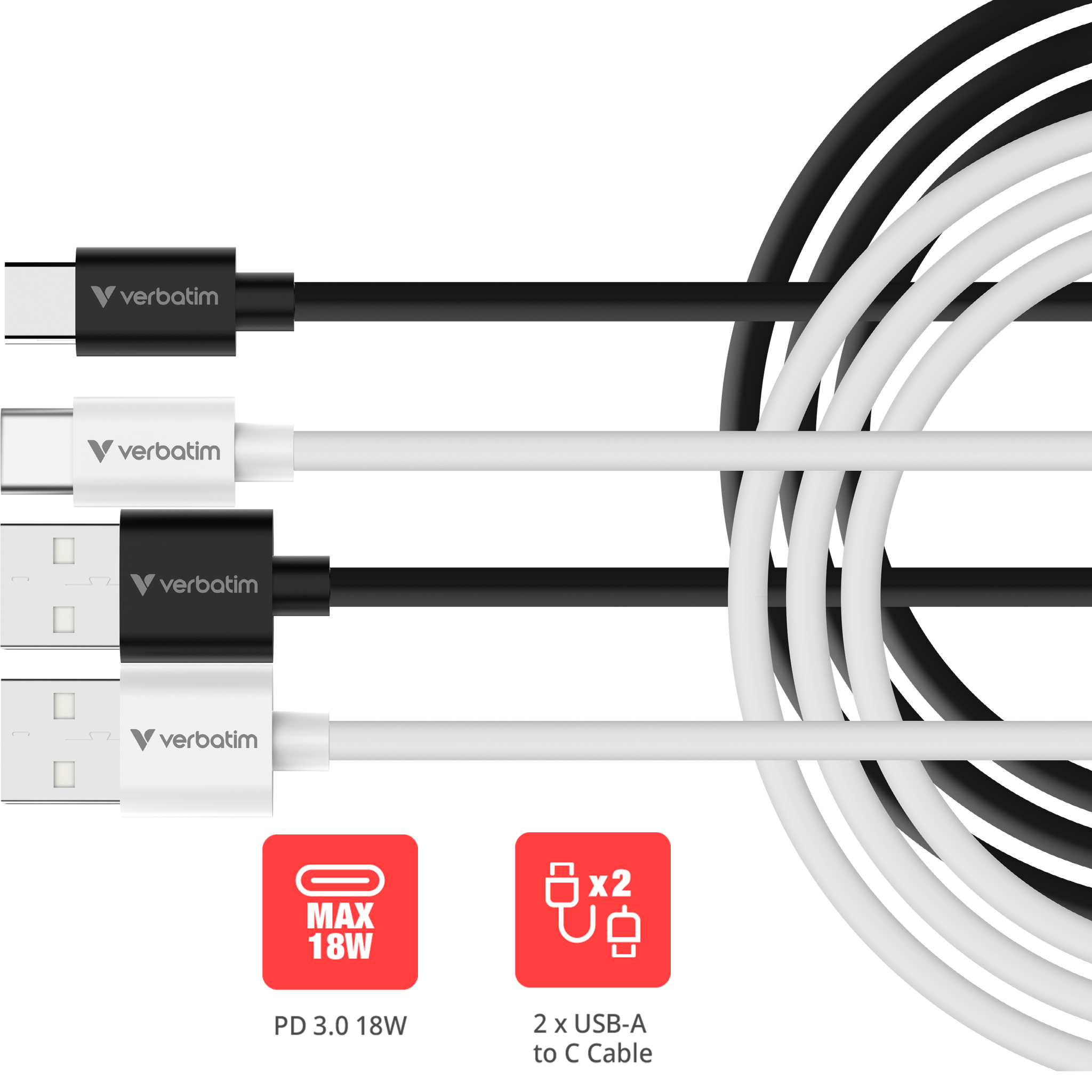 Verbatim Sync & Charge USB-A to USB-C 18W 100cm - 2 Pack