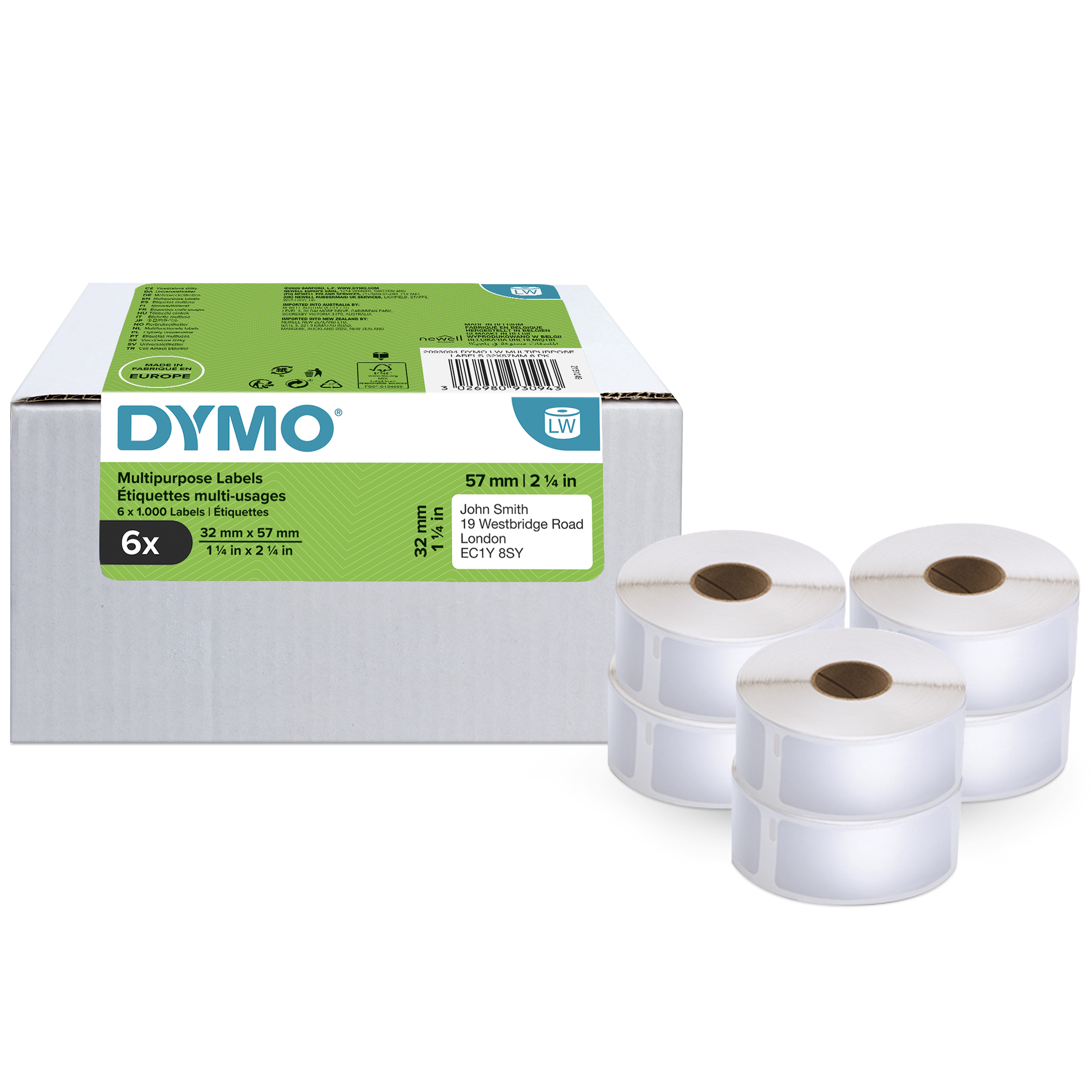 DYMO Etikettenrollen für Etikettendrucker S0722540 weiß, 57,0 x 32,0 mm, 6 x 1000 Etiketten