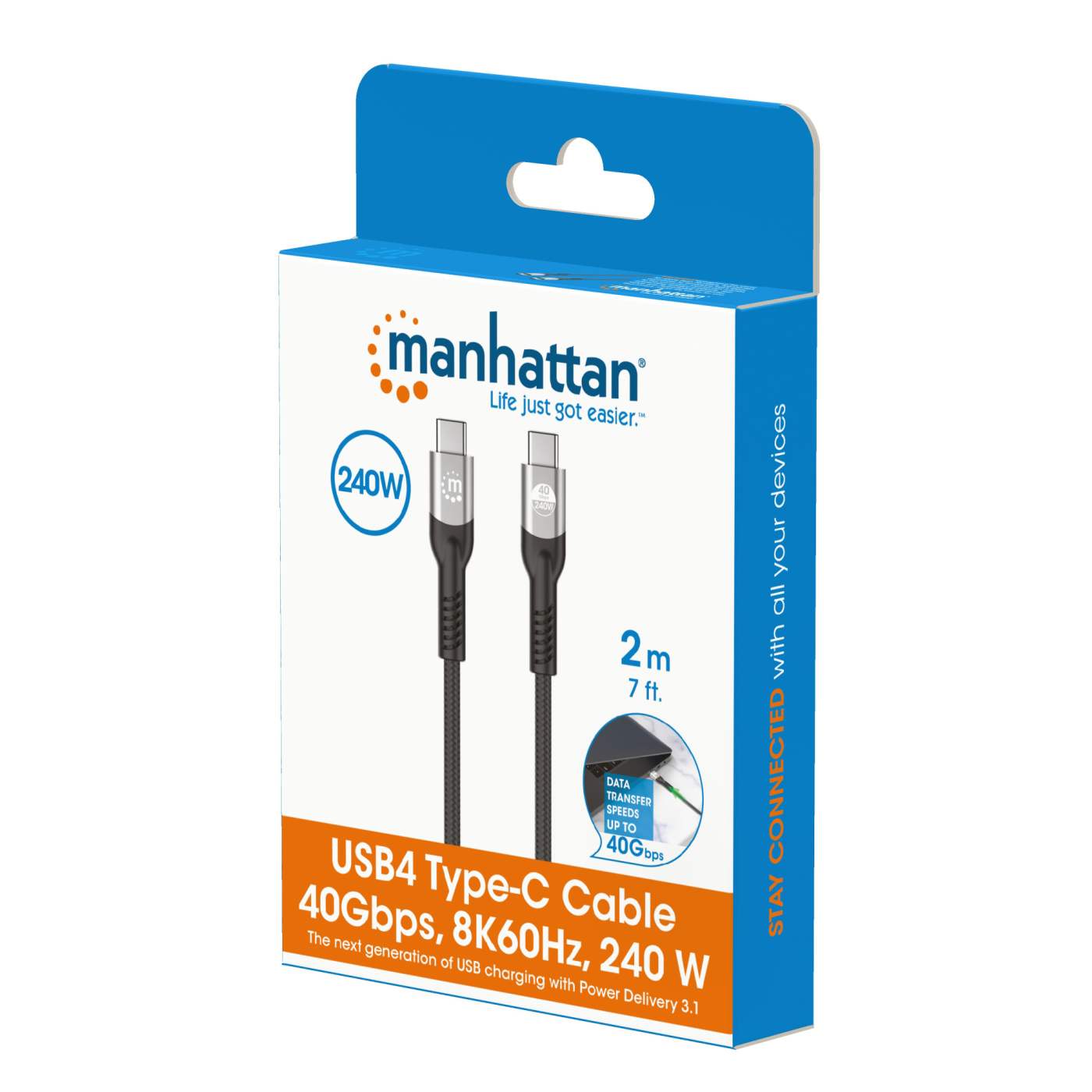 MANHATTAN USB4 Typ C40 Gbit/s 8K Video und 240W EPR Ladekabel 2 m USB4 Gen 3x2 8K60Hz Single-Display 4K60Hz Dual-Display