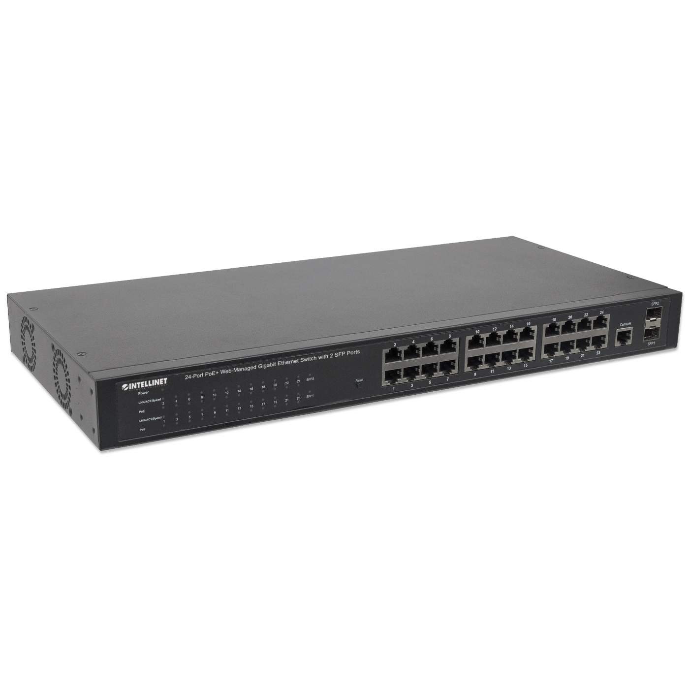 INTELLINET 24-Port PoE Gigabit Switch Web-Managed 2 GBIC SFP Ports Ausgangsleistung bis zu 30 Watt pro Port PoE+ IEEE 802.3at/af