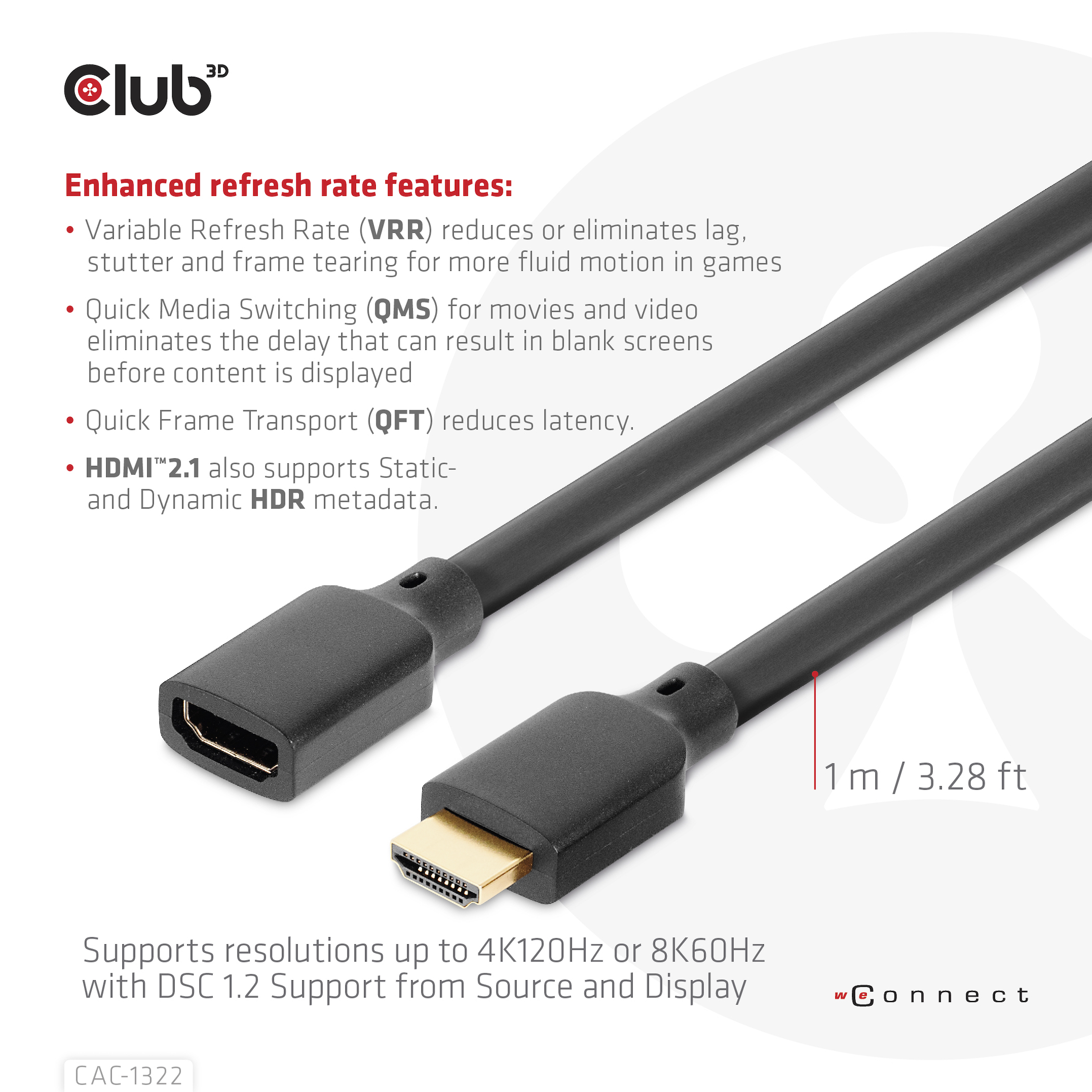 Club3D HDMI-Kabel 2.1 UHD-Verlängerungskabel 1 Meter St/Bu retail
