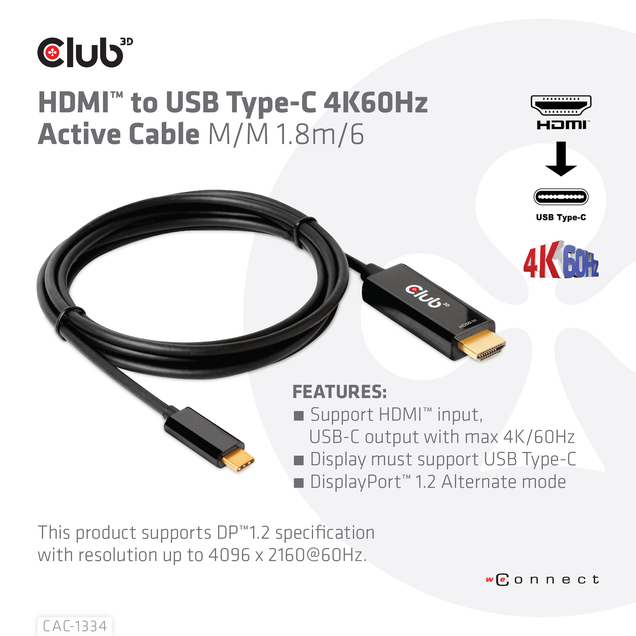 Club3D HDMI-Kabel A -> USB-C aktiv 4K60Hz 1,8m retail