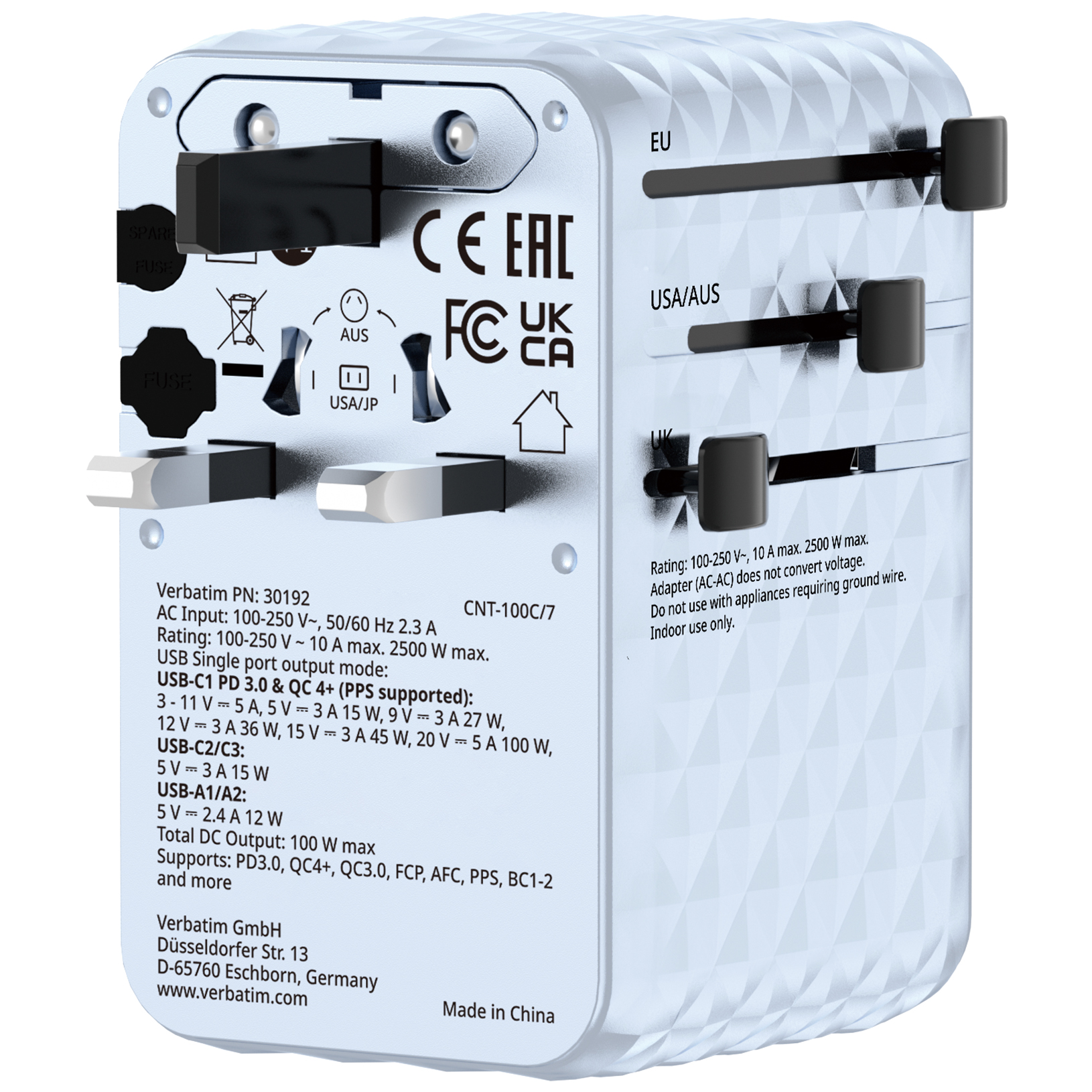 Verbatim Charge'n'Travel Adapter 100W 1C retractable blue