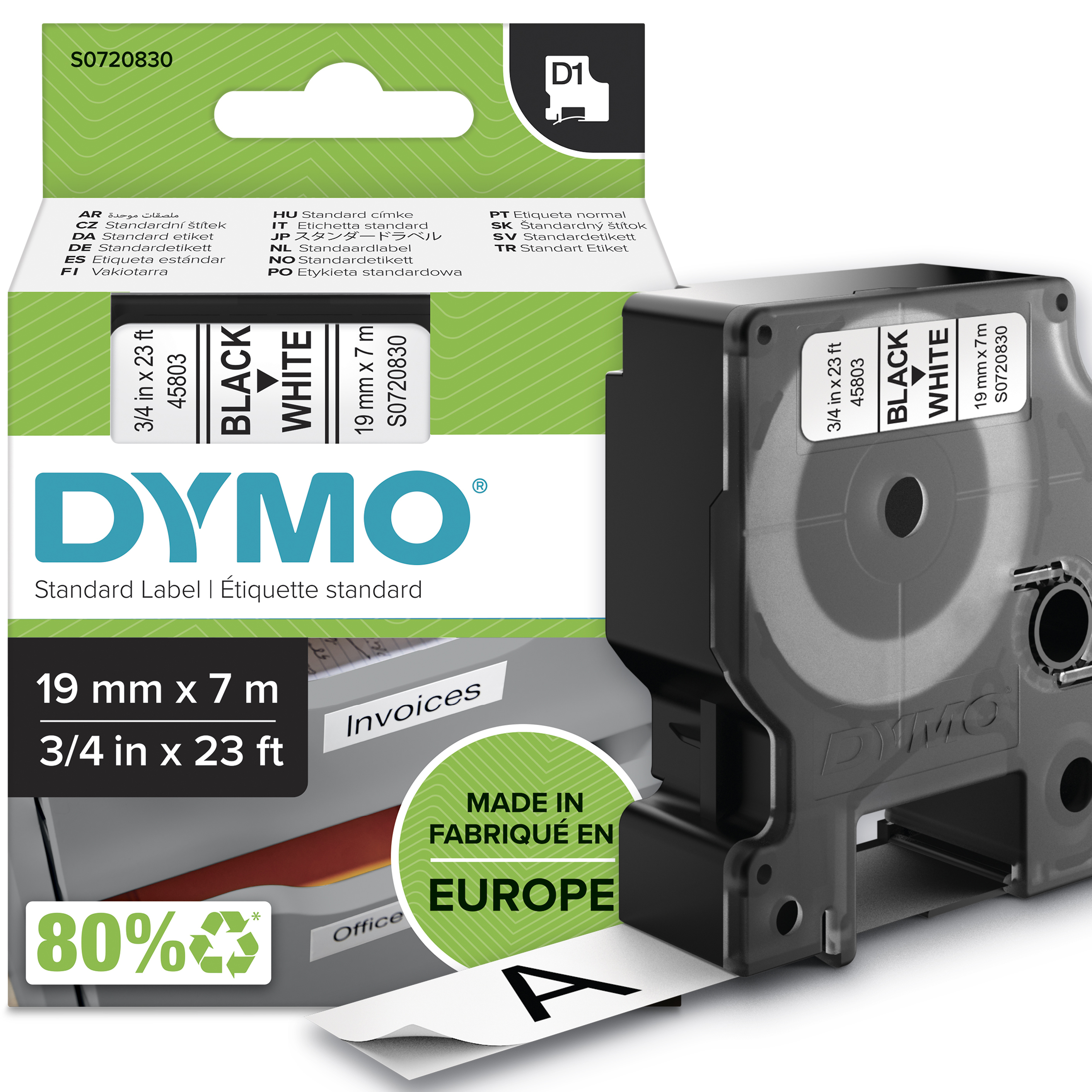 DYMO Schriftband D1 S0720830, 19 mm, schwarz auf weiß, 1 St.