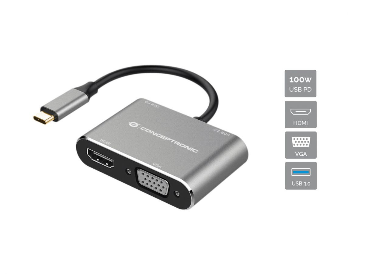 CONCEPTRONIC 4-1 Dock USB-C->HDMI/USB-A/VGA/100WPD 15cm gr