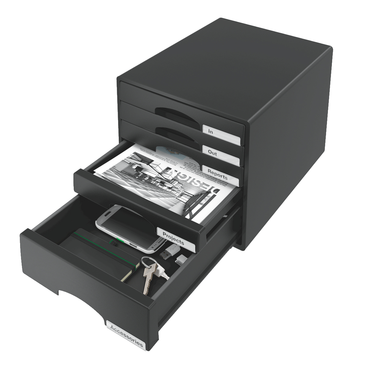 LEITZ Schubladenbox Plus schwarz 52110095, DIN A4 mit 5 Schubladen, 1 St.