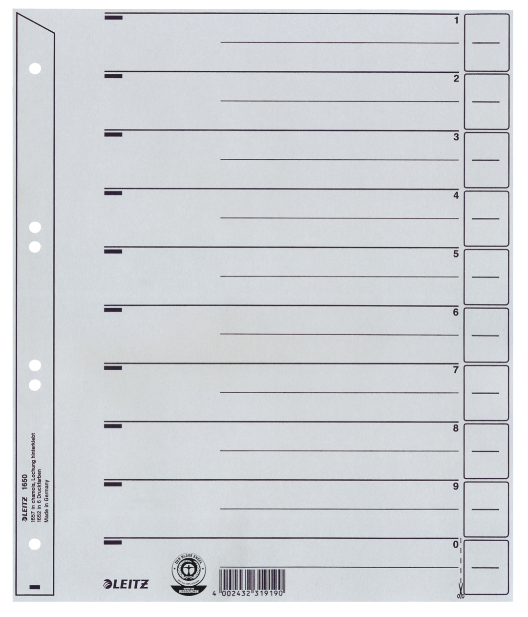 LEITZ Trennblätter 1650 DIN A4 1-0 grau, 200 g/qm, 100 St.
