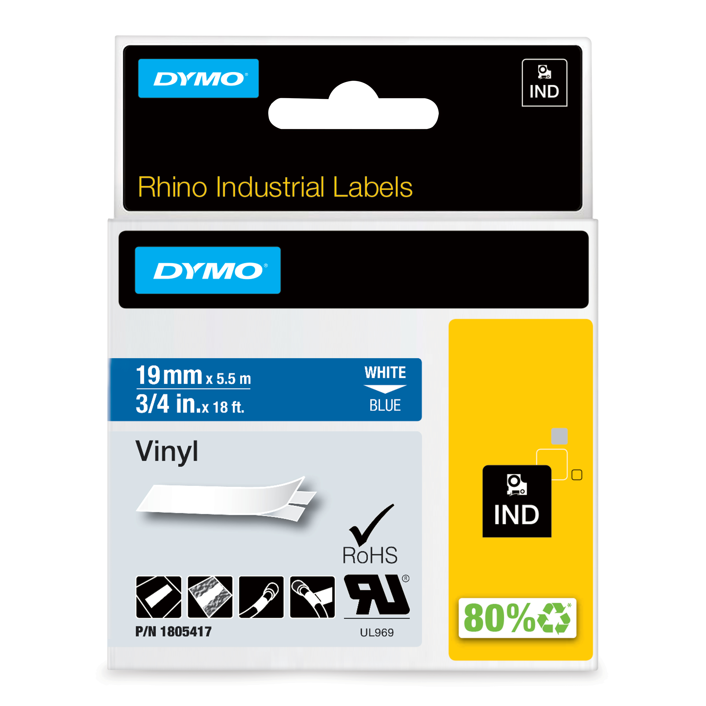 DYMO Schriftband RHINO 1805417, 19 mm, weiß auf blau, 1 St.