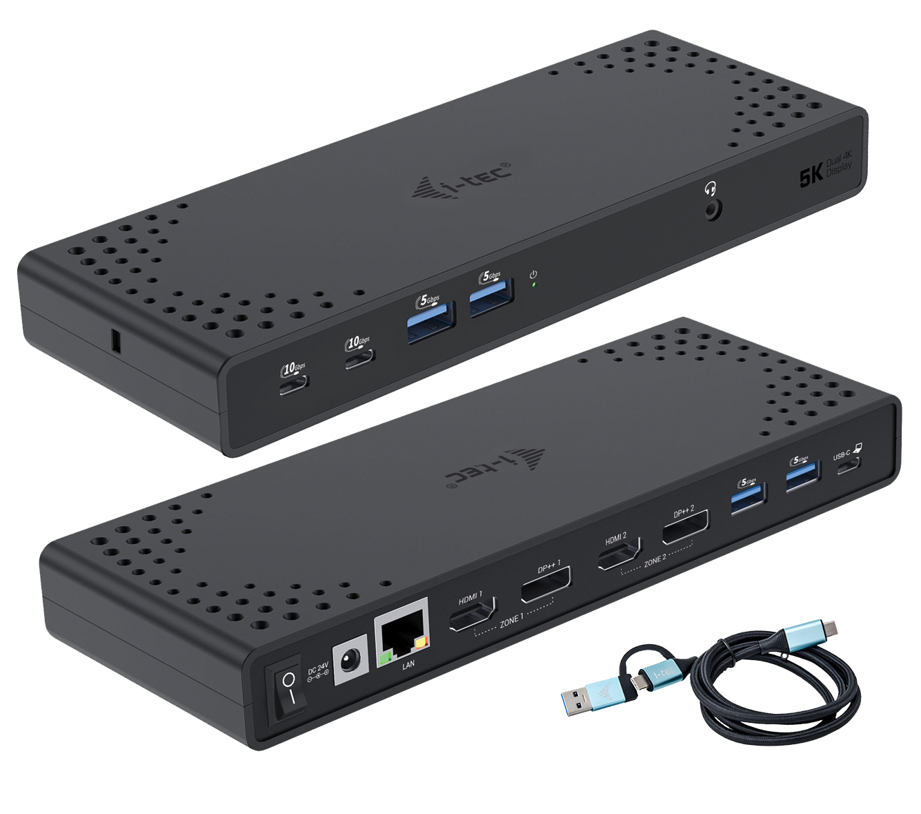 I-TEC USB 3.0/USB-C/Thunderbolt 3 Dualdock 1x5K 2x4K 60Hz 2xDP 2xHDMI 1xGLAN 4xUSB 3.2 2xUSB-C 3.2 Gen.2 1xAudio/Mic Jack PD 100W KL