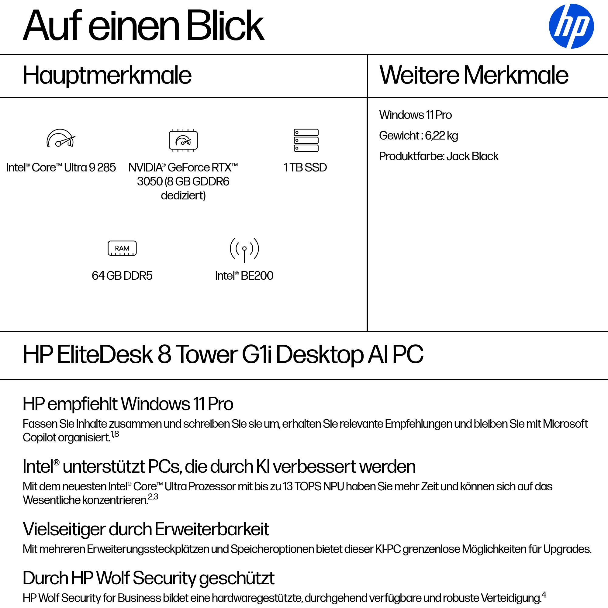 HP ELITEDESK 8 TWR G1I U9-285 64GB 1TB W11P RTX 3050 8G WI7 3Y