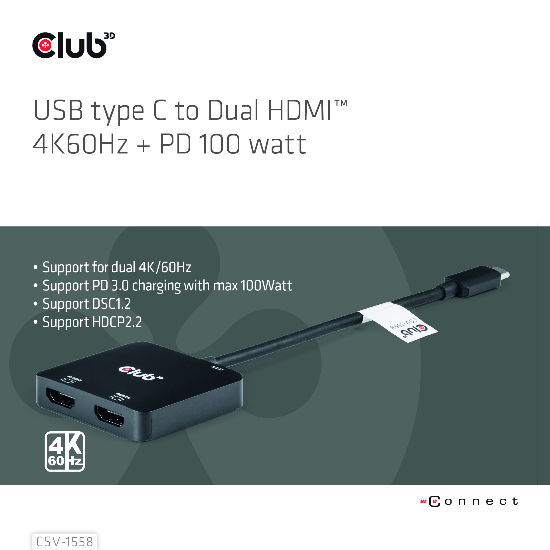 Club3D MST-Hub USB 3.2 Typ C > 2x HDMI 4K60Hz +100W PD St/Bu retail