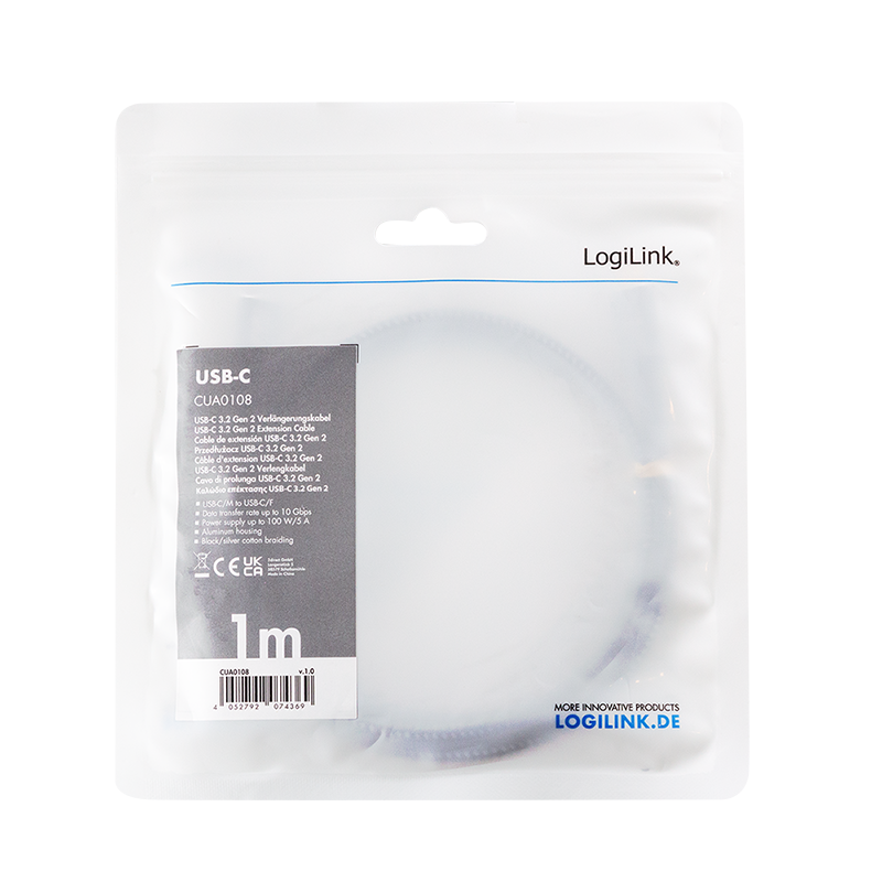 Logilink USB 3.2 Gen1 Typ-C-Kabel C/M > USB-C/F, PD, Alu, 2m