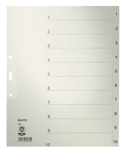 LEITZ Ordnerregister DIN A4+ Vollformat, Überbreite 1-10 grau 10-teilig, 1 Satz