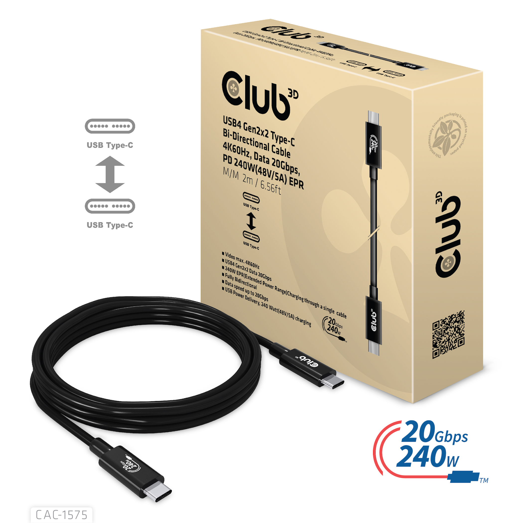 Club3D Kabel USB 4 Typ C PD 240W / 4K / 20Gbps 2m St/St retail