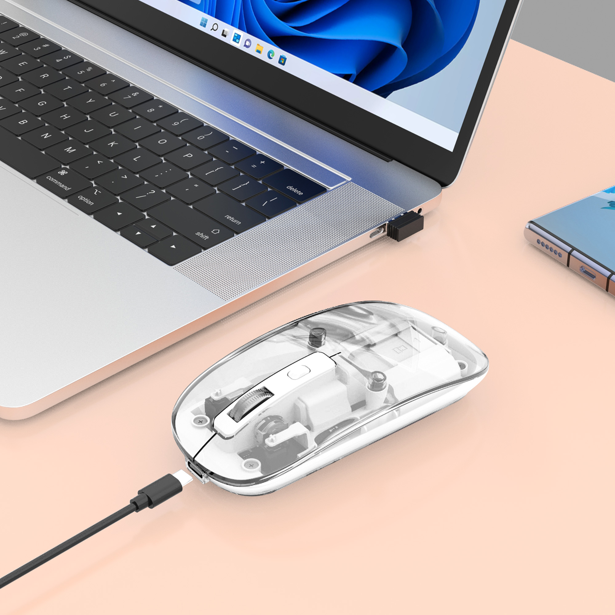 MANHATTAN Transparente Wiederaufladbare Kabellose Maus LED-Beleuchtung USB-A-Mikroempfänger Links-/Rechtshänder durchsichtig/weiss