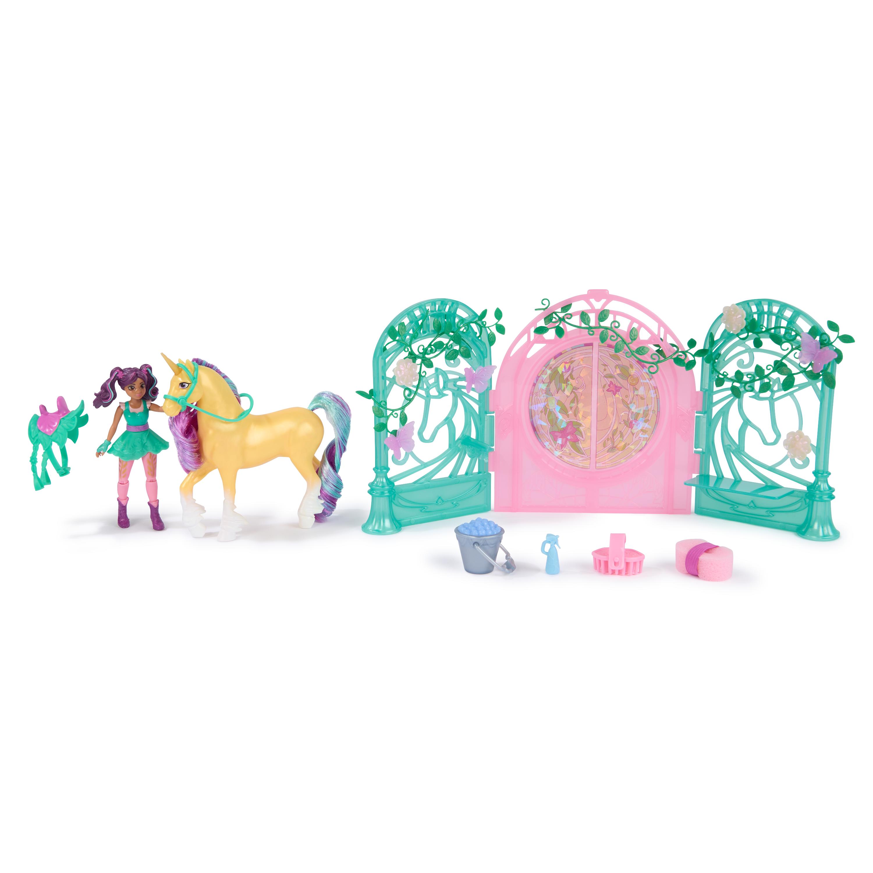 Unicorn Academy - Ava & Einhorn Leaf Stall Spielset mit Farbwechseleffekt, Spielfigur