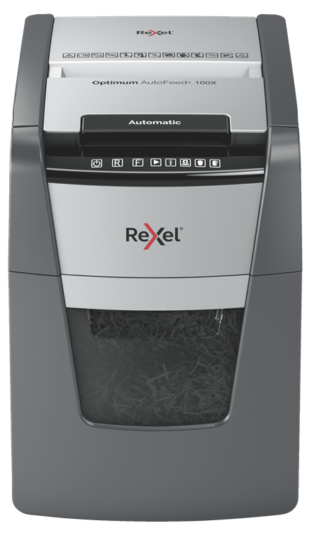 Rexel Optimum AutoFeed+100X Aktenvernichter mit Partikelschnitt P-4, 4 x 28 mm, bis 100 Blatt, schwarz