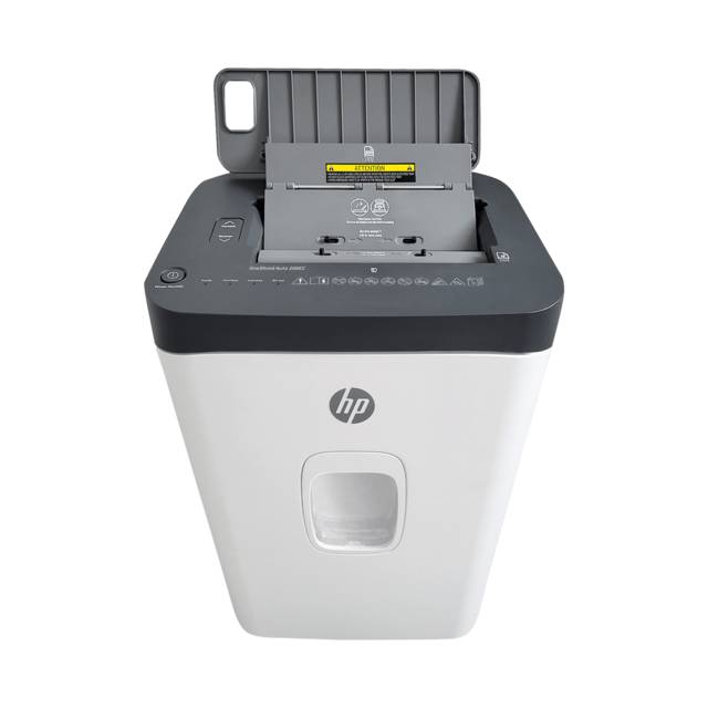 HP OneShred Auto 200CC Aktenvernichter mit Partikelschnitt P-4, 4,3 x 12 mm, bis 200 Blatt, weiß