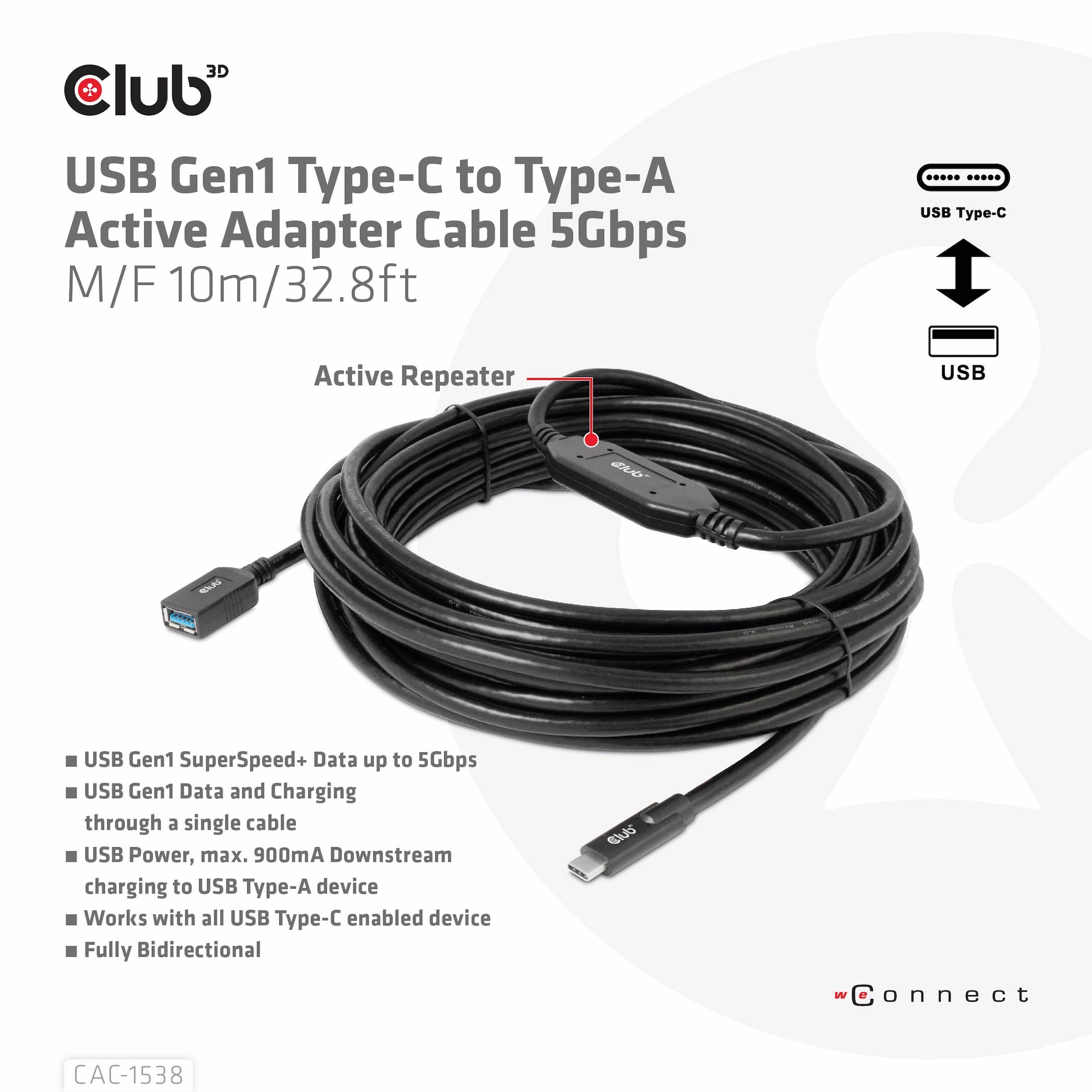 Club3D Kabel USB 3.2 Typ C  USB Typ A 5Gbps St/Bu 10m retail