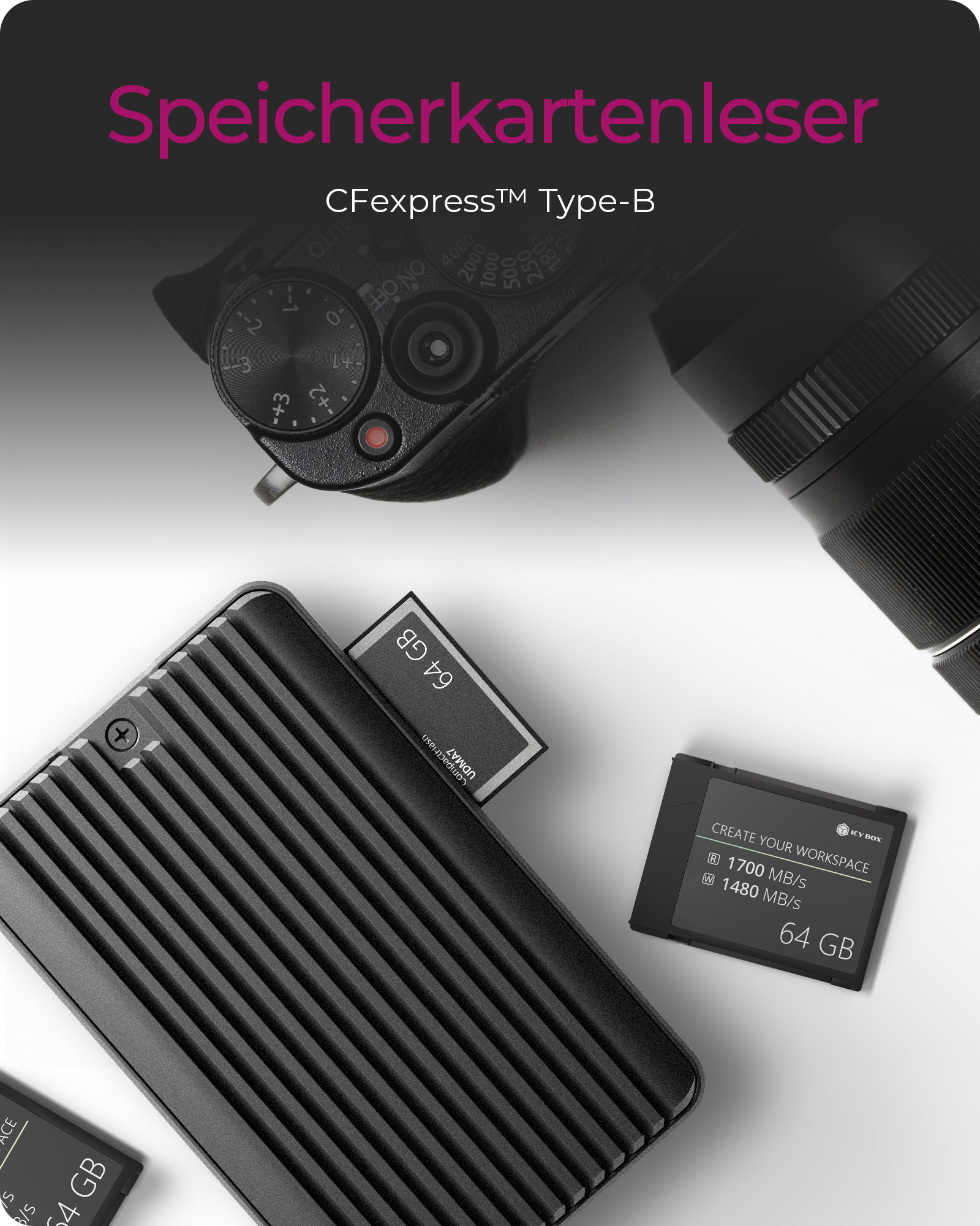 Geh.IcyBox M.2NVMe/SATA SSD mit CFexpress Type-B Kartenleser