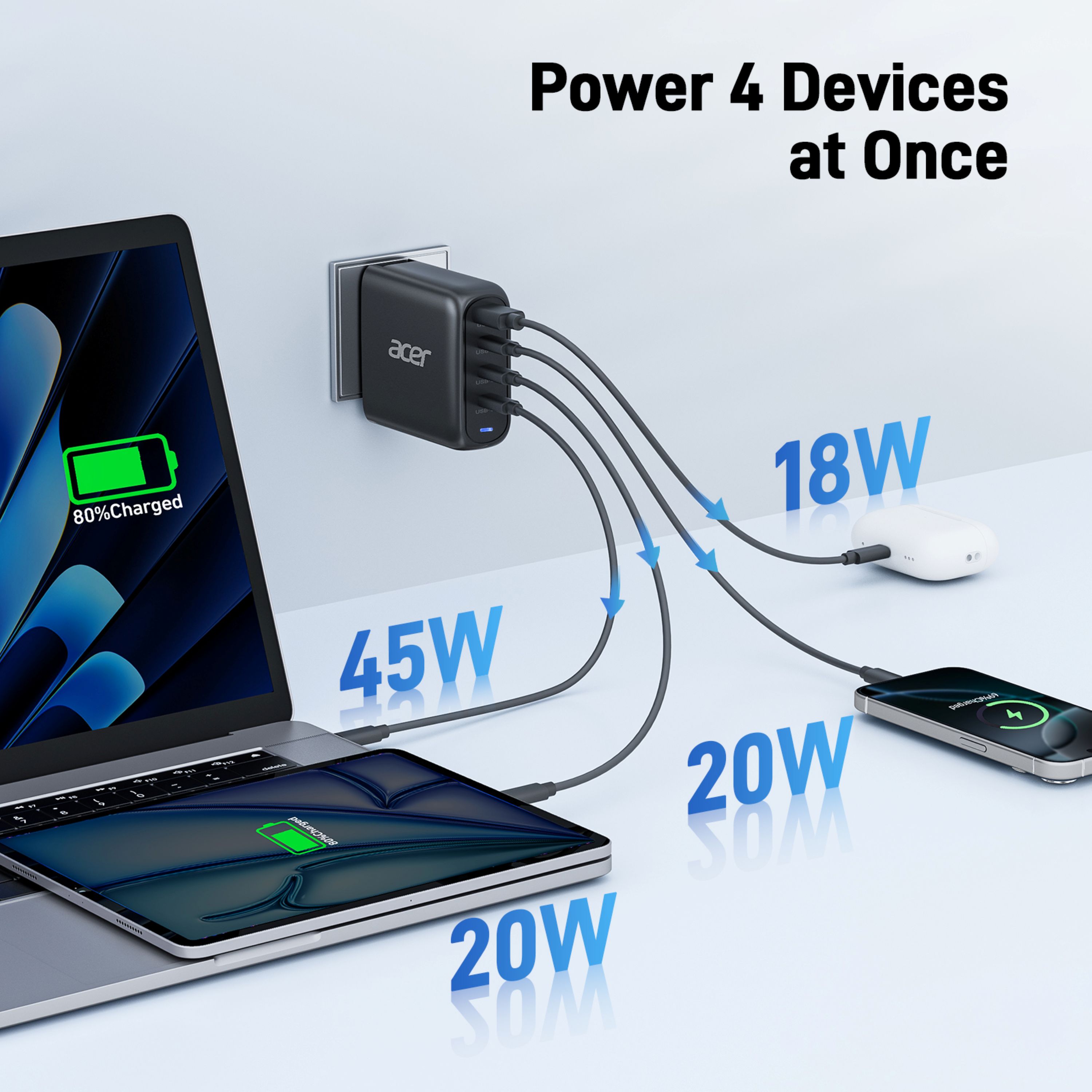 Acer 100W PD GaN Charger, 3 x USB C and 1 x USB A