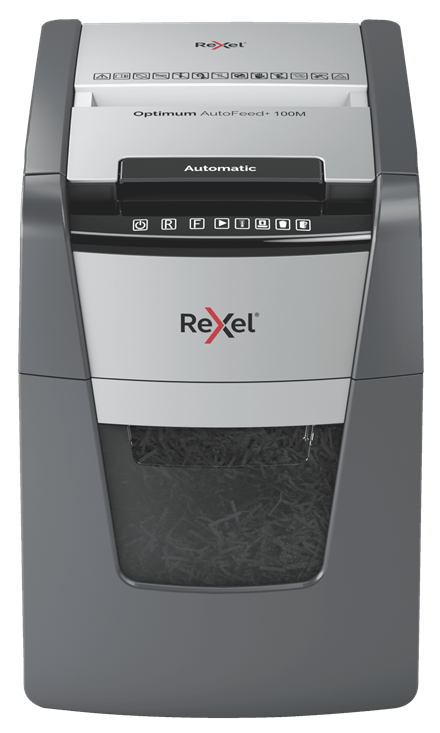 Rexel Optimum AutoFeed+ 100M Aktenvernichter mit Partikelschnitt P-5, 2 x 15 mm, bis 100 Blatt, schwarz