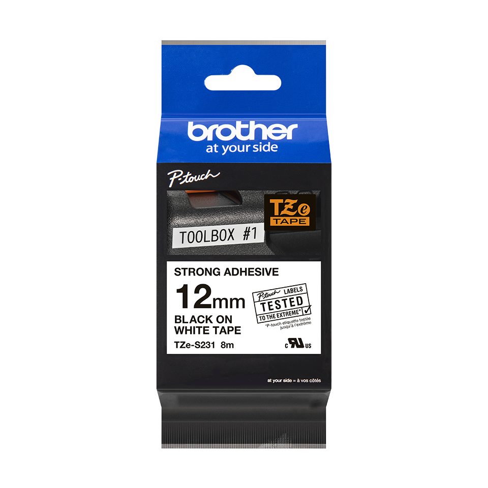 TZE-S231 LAMINATED TAPE M 8M 8M BLACK ON WHITE EXTRA-STRONG