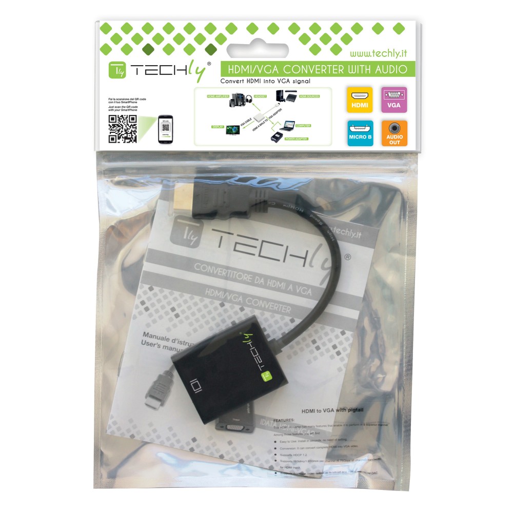 TECHLY HDMI auf VGA Konverter mit Audio und Micro USB HDMI Stecker auf VGA Buchse schwarz im hochwertigen Polybag
