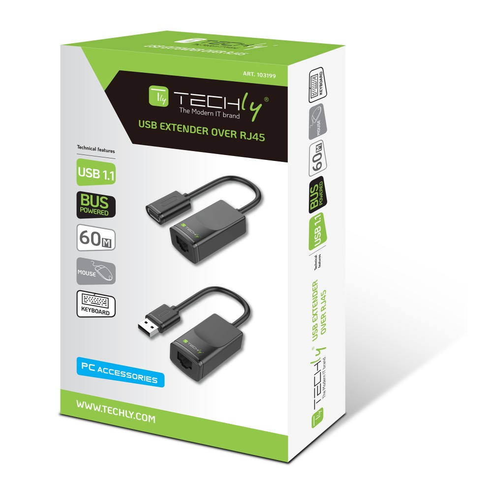 TECHLY USB1.1 Extender erweitert die Reichweite von USB Geraeten von einem USB-faehigen Computer bis 60m via Cat RJ45 Kabel