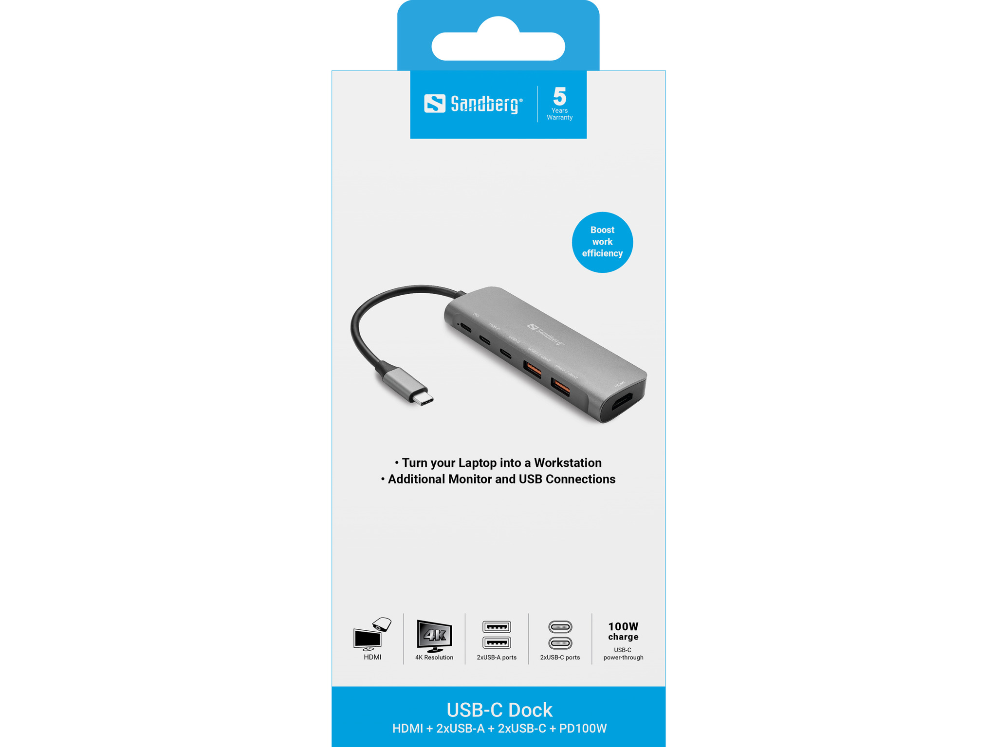 SANDBERG USB-C Dock HDMI + 2xUSB-A + 2xUSB-C + PD100W