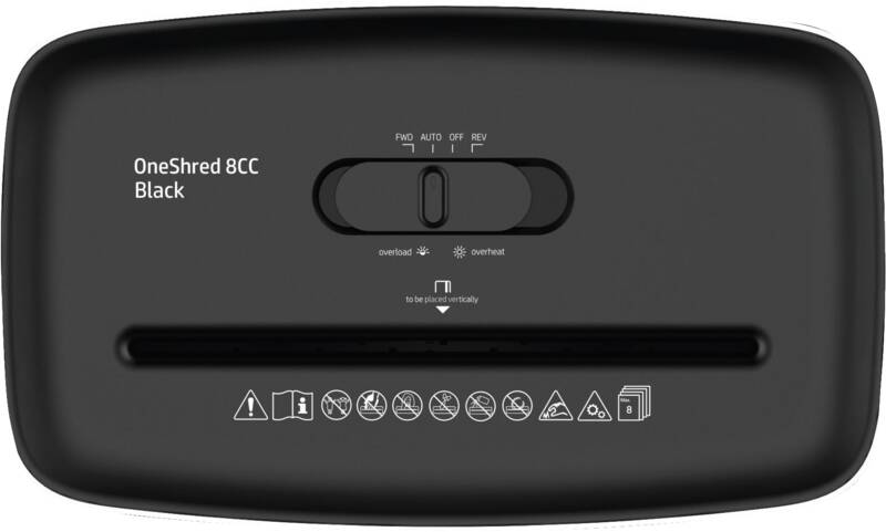 HP OneShred 8CC Aktenvernichter mit Partikelschnitt P-4, 5 x 18 mm, bis 8 Blatt, schwarz, silber