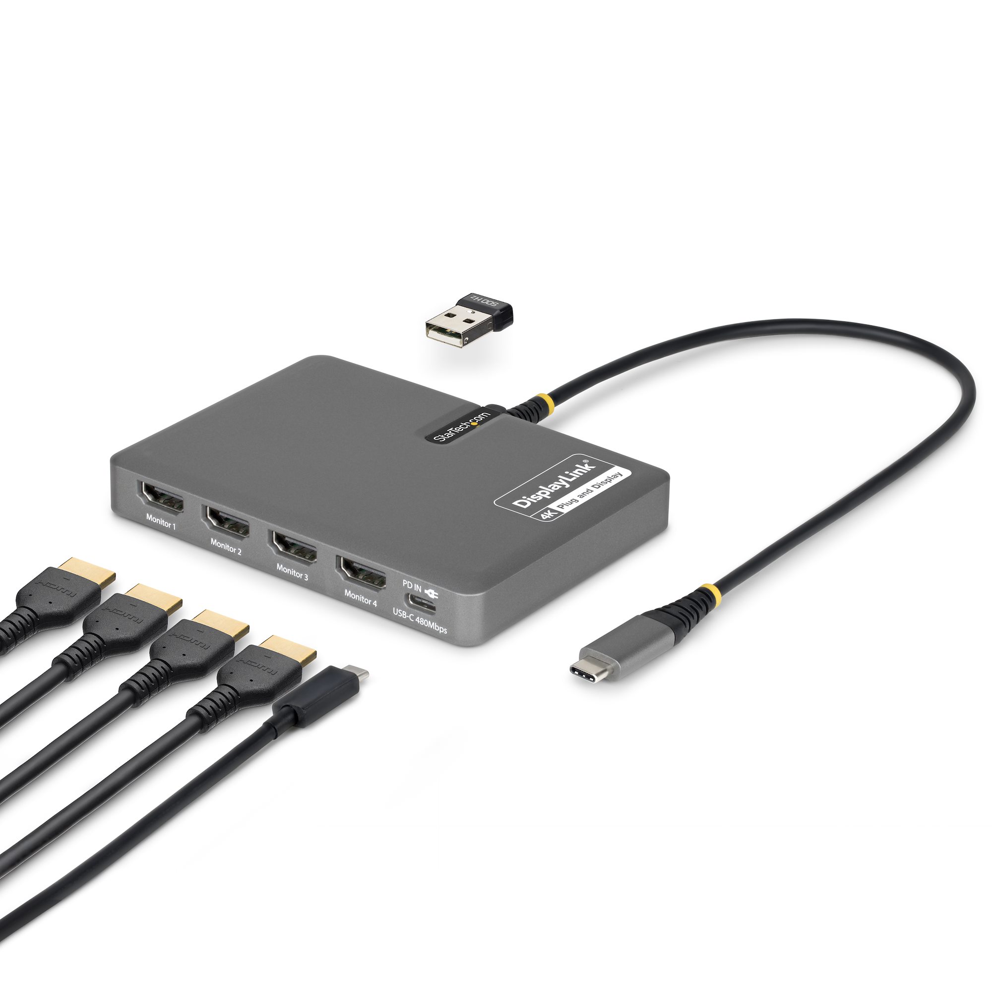 STARTECH.COM USB-C zu 4-Monitor Workstation Adapter 4K 60Hz HDMI 140W PD Passthrough USB fur Tastatur und Maus TAA