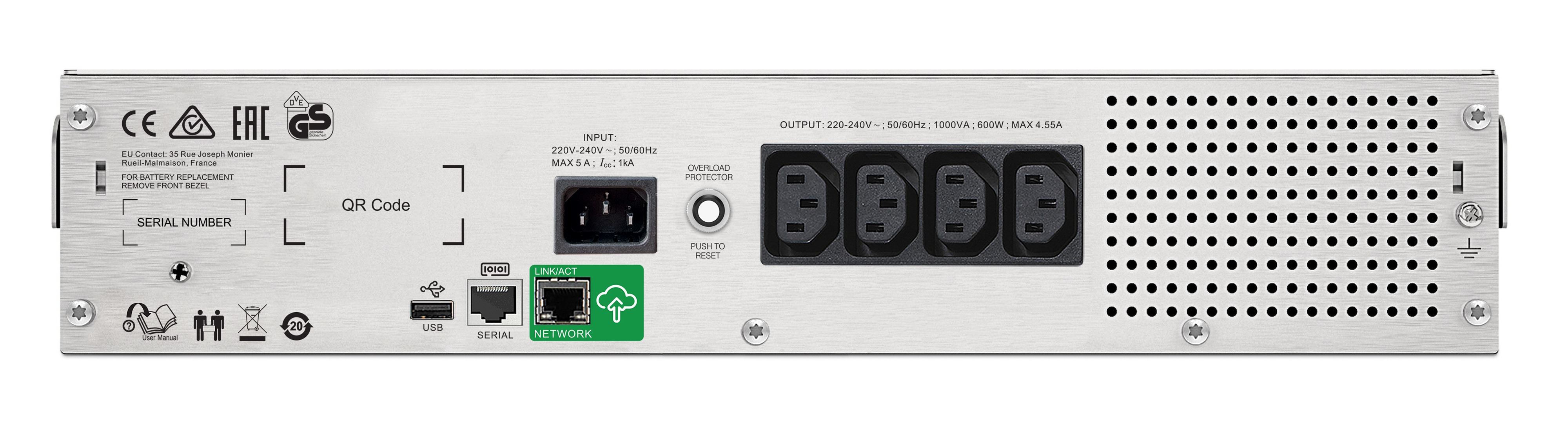 APC Smart-UPS C UPS rack-mountable AC 230V 600Watt 1000VA USB serial output connectors 4 2U Black with APC SmartConnect