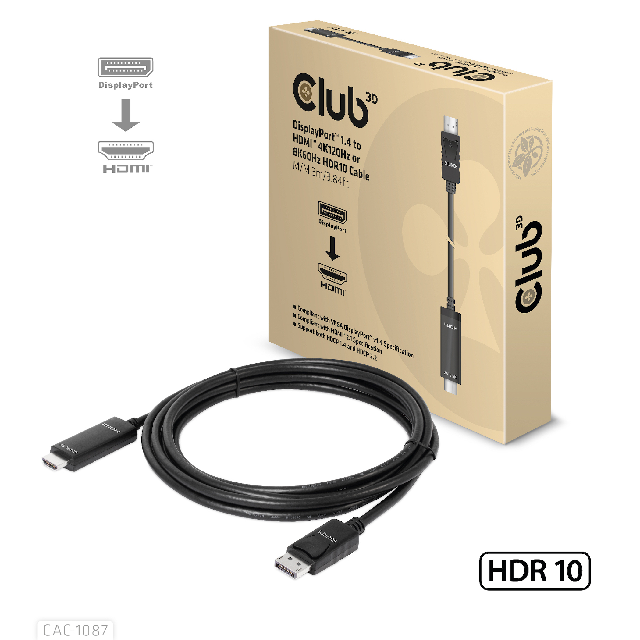 Club3D Kabel DisplayPort 1.4 > HDMI HDR 8K60Hz aktiv 3m retail