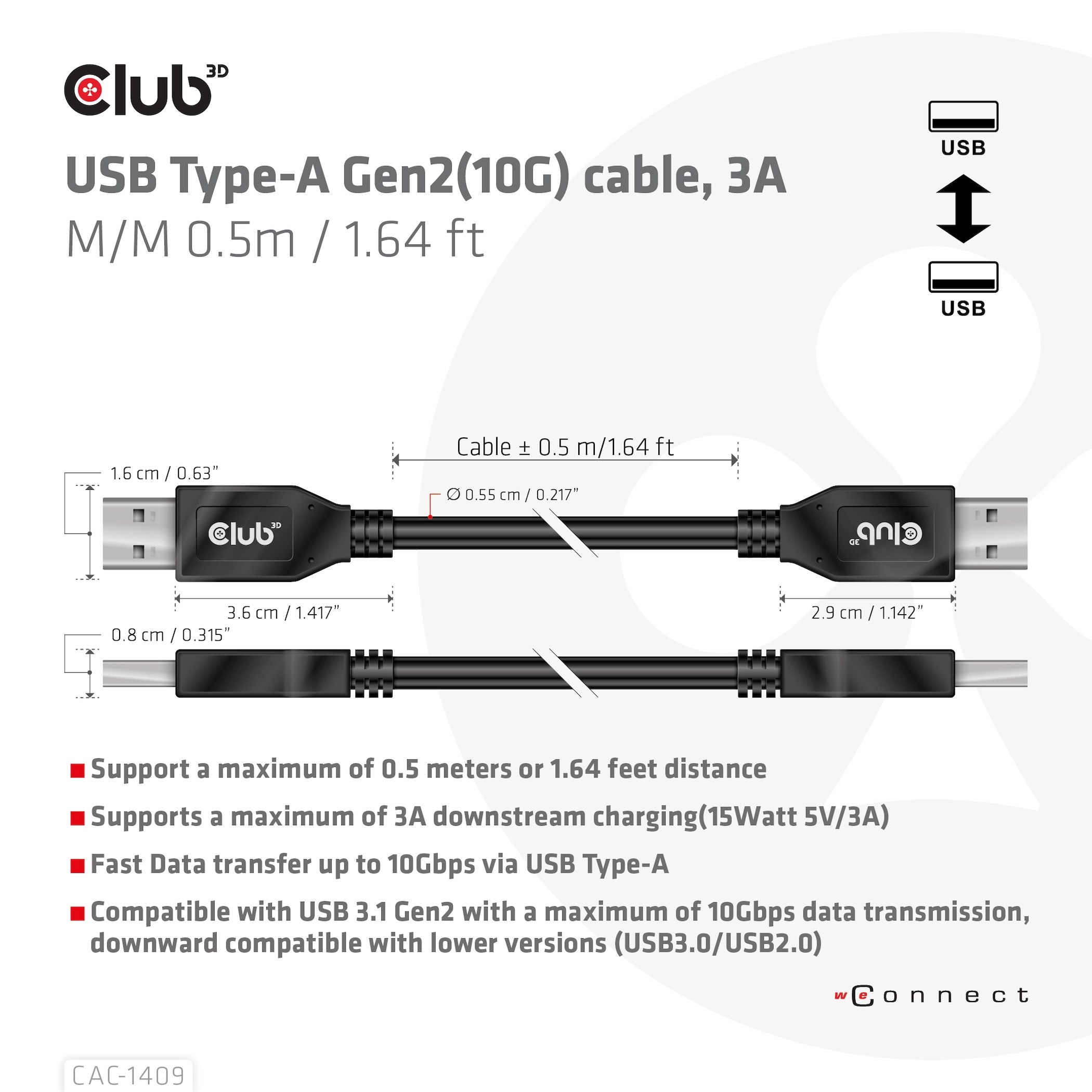 Club3D Kabel USB Typ-A Gen2 0,5m 10 Gbps St/St retail