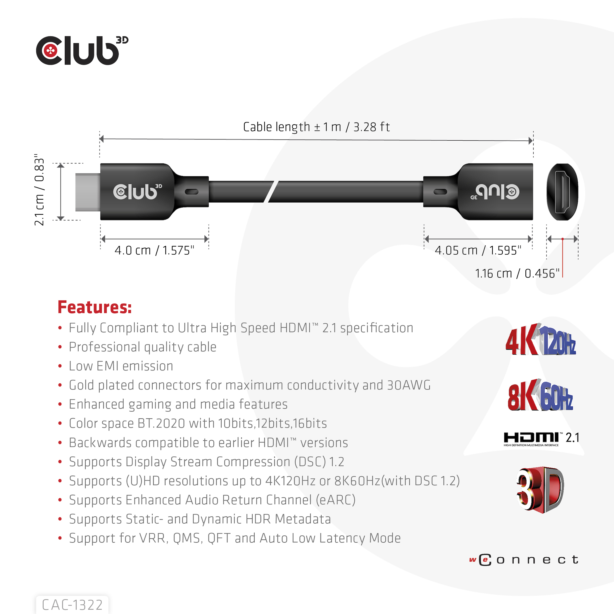 Club3D HDMI-Kabel 2.1 UHD-Verlängerungskabel 1 Meter St/Bu retail